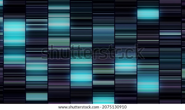 Horizontal flashing purple and blue stripes\
divided into same size short segments. Motion. Seamless loop\
hypnotic blinking neon\
lines.
