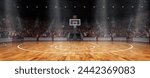 Horizontal flyer, poster with empty basketball court. Sport arena. 3d render background. Concept of sport game, competition, ad. Design for poster advertising sporting event, basketball match