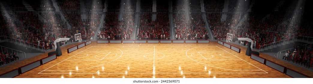 Horizontal flyer, poster with empty basketball court. Sport arena. 3d render background. Concept of sport game, competition, ad. Design for poster advertising sporting event, basketball match - Powered by Shutterstock