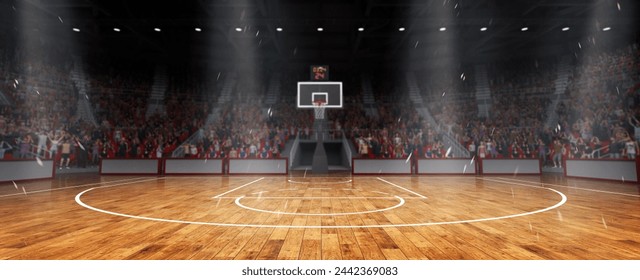 Horizontal flyer, poster with empty basketball court. Sport arena. 3d render background. Concept of sport game, competition, ad. Design for poster advertising sporting event, basketball match - Powered by Shutterstock