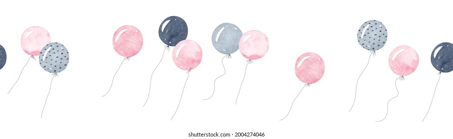 Horizontal Frame With Cute Balloons. Pink, Gray And Black Balloons. Watercolor Illustration. Cute Border.