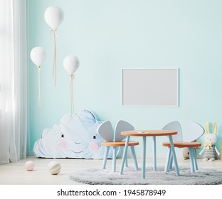 Horizontal frame mock up in children room interior in light blue tones with kids table and chairs, soft toys and balloons, 3d rendering