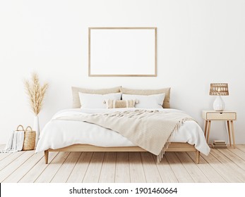 Horizontal Frame Mockup In Boho Bedroom Interior With Wooden Bed, Beige Fringed Blanket, Cushion With Tassels, Dried Pampas Grass, Basket And Wicker Lamp On White Wall. 3d Rendering, 3d Illustration