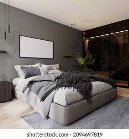 Horizontal Frame Mockup In Modern Bedroom Interior With Gray Wall And Bed And Glass Closet With Backlight, 3d Rendering