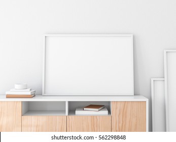 Horizontal Frame Mockup On Bureau, 3d Rendering