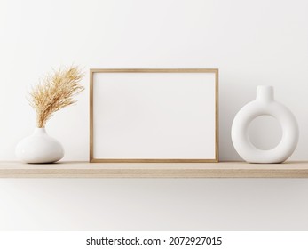 Horizontal Frame Mockup In Warm Neutral Minimalist Interior With Dried Pampas Grass And Trendy Vase Standing On Wooden Beige Brown Shelf On Empty White Wall  Background. Illustration, 3d Rendering