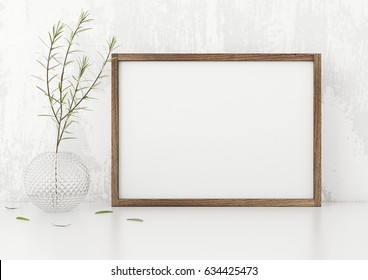 Horizontal Frame Poster Mock Up With Green Plant In Vase White Stucco Wall Background. 3d Rendering.