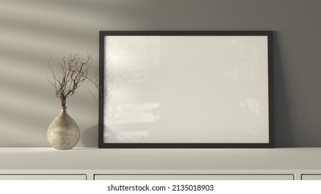 Horizontal Frame Poster Mock Up On The White Table With Gray Wall On Background. 3d Illustration