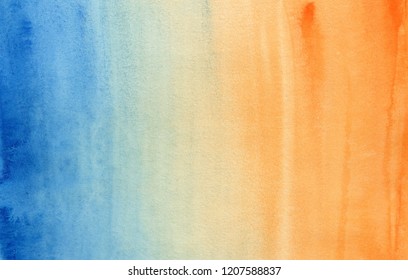 Horizontal Gradient From Blue To Orange Watercolor Background, Wash Technique. Bright Sky And Water Watercolour Textured Concept