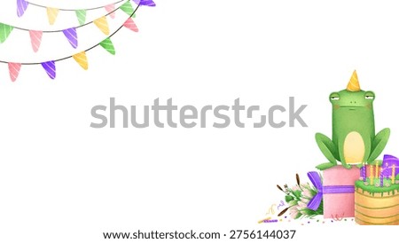 A horizontal holiday poster template featuring a frog character and gifts. The watercolor illustration is hand drawn in a simple, childlike style. Perfect for birthdays and anniversaries.