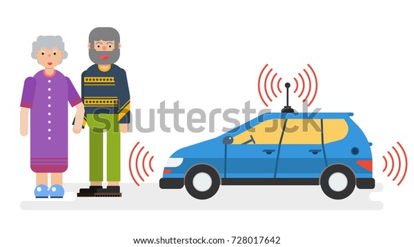 Horizontal illustration of car with satellite\
control for the elderly couple. Autonomous driverless taxi in flat\
style. Future\
innovations