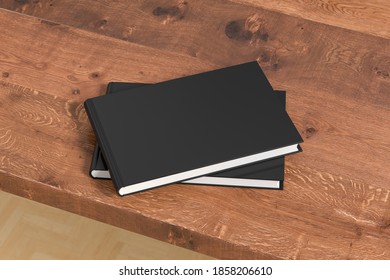 Horizontal or landscape black hardcover book stack mockup on the wooden table. 3d illustration