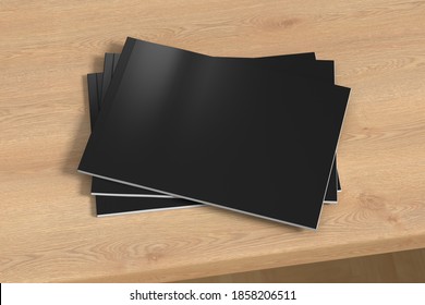 Horizontal Or Landscape Black Magazine Or Brochure Stack Mockup On Wooden Table. 3d Illustration