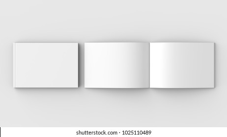 Horizontal - Landscape Hardcover Brochure, Book Or Catalog Mock Up Isolated On Soft Gray Background. 3D Illustrating.