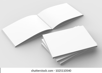 Horizontal - Landscape Hardcover Brochure, Book Or Catalog Mock Up Isolated On Soft Gray Background. 3D Illustrating.