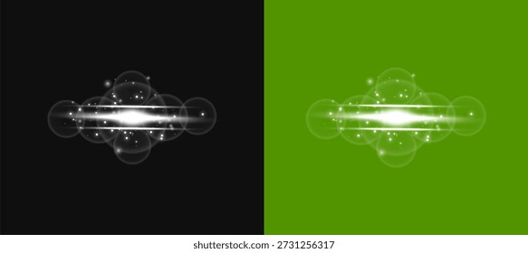 Horizontal light beam with numerous bubbles and sparkles, on black and green split background, suggesting lightness and joy