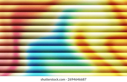 Horizontal lines of blinds display a gradient of warm and cool colors, blending from red and yellow to blue and green.