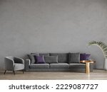 Horizontal livingroom with  mockup empty gray plaster wall- stucco microcement or concrete. Very peri purple pillow. Lounge room - modern design interior home with gray sofa. Golden accent. 3d render 