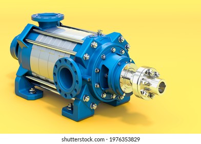 Horizontal multistage centrifugal pump, 3D rendering on yellow background