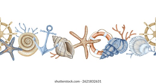 Horizontal nautical border. Shells, starfish, coral, ship's rudder, anchor in blue, red and beige colors. Watercolor illustration for fabric, packaging, cover.