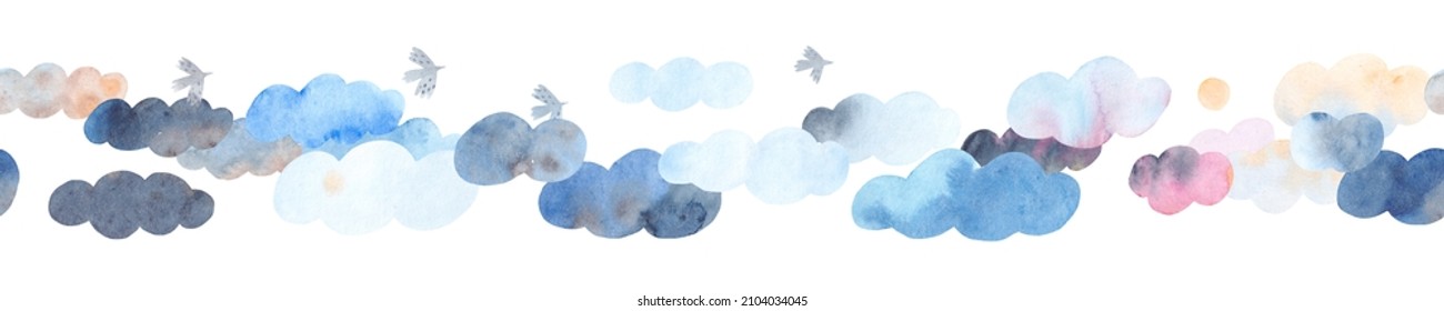 Horizontal pattern of clouds. Watercolor seamless pattern. Childish decor.