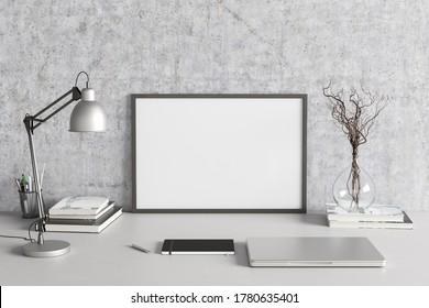 Horizontal Poster Frame Mockup On The White Table Of Home Studio Workspace With Concrete Wall. Front View, Clipping Path Around Poster Picture. 3d Illustration