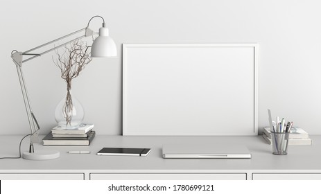 Horizontal Poster Frame Mockup On The White Table Of Home Studio Workspace With White Wall. Front View, Clipping Path Around Poster Picture. 3d Illustration