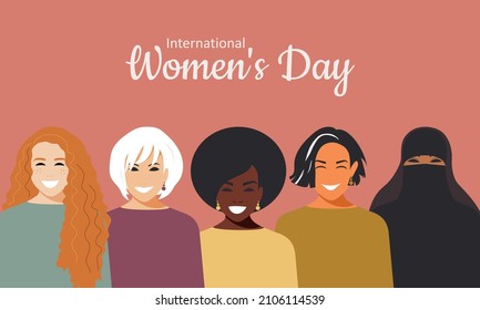 Horizontal poster for International Women's Day on a pink background. Crowd of modern stylish women of different nationalities and religions. Women smile from happiness and equality. - Powered by Shutterstock