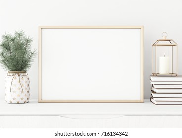 Horizontal Poster Mock Up With Golden Frame, Lantern, Pile Of Books And Pine Branches In Vase On White Wall Background. 3D Rendering.