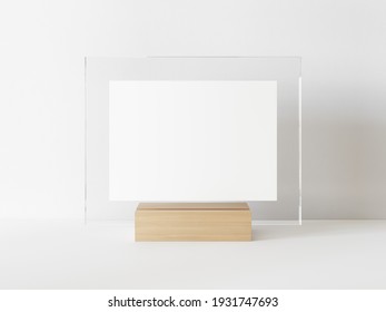 Horizontal Rectangle White Menu With Transparent Frame On A Light Wood Stand. Card Display Promotion And Information For Customer, Picture Stand,sign Holder And Photo Frame Template. 3D Illustration