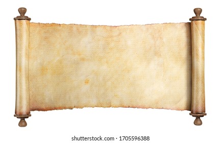 Horizontal scroll or parchment with wooden handles. Isolated, clipping path included. 3d illustration.