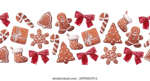 Horizontal seamless border with Christmas gingerbread cookies and red bows. Watercolor illustration isolated on white background.  - Powered by Shutterstock