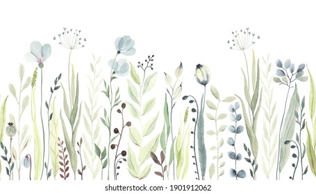 Horizontal seamless pattern with greenery wildflowers, abstract plants, flowers and leaves. Watercolor illustration in pastel green and blue colors. Floral border on white background.