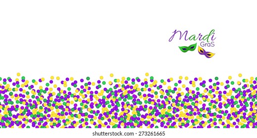 Horizontal Seamless Pattern. Mardi Gras Carnival Confetti Border, Masks In Purple, Green And Yellow. Carnival Party Raster Copy.