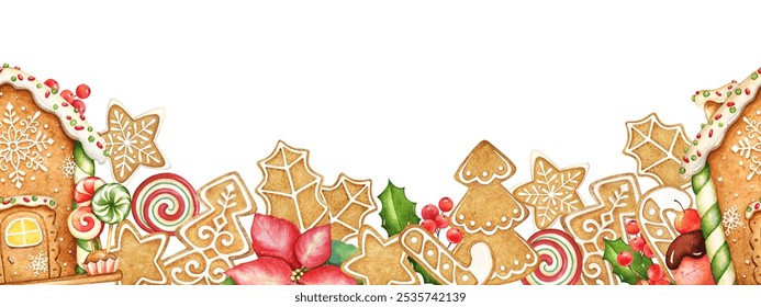 Horizontal seamless pattern with watercolor hand drawn ginger coockies, gingerbread house, lollipops, poinsettia flowers and red berries. Christmas and New Year theme design. - Powered by Shutterstock