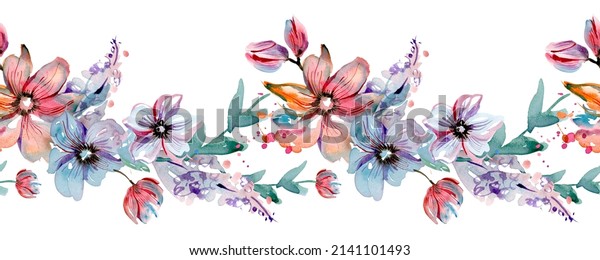 Horizontal Seamless\
Watercolor Floral\
Border