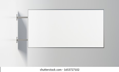 Horizontal Signboard Or Signage Isolated On The White Wall With Blank White Sign Mock Up. Side View. 3d Illustration