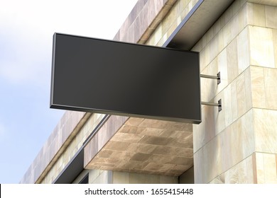 Horizontal Signboard Or Signage On The Marble Wall With Blank Black Sign Mock Up. Bottom View. 3d Illustration