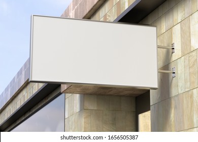 Horizontal Signboard Or Signage On The Marble Wall With Blank White Sign Mock Up. Bottom View. 3d Illustration