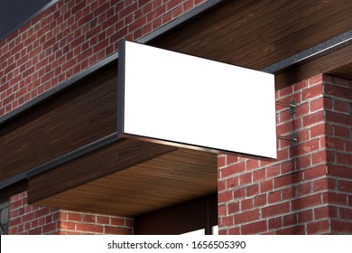 Horizontal Signboard Or Signage On The Red Brick Wall With Blank Luminescent Sign Mock Up. Night Scene. Bottom View. 3d Illustration