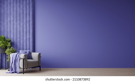 Horizontal Space With Bright Mockup Empty Wall. Very Peri Lavender Paint Color. Living Room - Modern Design Interior Home. 3d Render