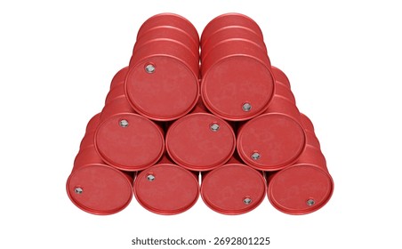Horizontal stack of red chemical drums, isolated on a white background. 3D Illustration.