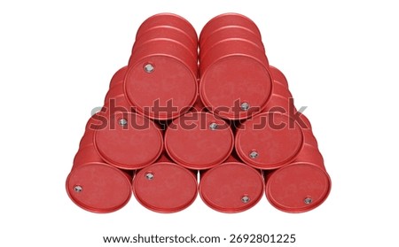 Horizontal stack of red chemical drums, isolated on a white background. 3D Illustration.