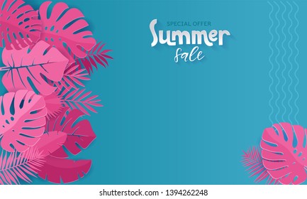 Horizontal Summer Sale Banner With Paper Cut Pink Tropical Leaves On Blue Background. Exotic Floral Design For Banner, Invitation, Web, Greeting Card With Place For Text. Papercut Illustration.