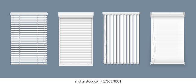 Horizontal, vertical closed and open blinds for office rooms. Set of horizontal and vertical blinds for window, element interior. Realistic closed window shutters, front view. 