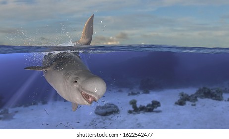 Horizontal View Of Beluga Whale Diving And Jumping While Half Is Underwater Deep Ocean 3d Rendering