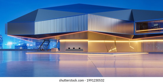 Horizontal View Of Empty Cement Floor With Steel And Glass Modern Building Exterior.  Night Scene. Photorealistic 3D Rendering.