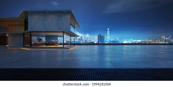 Horizontal view of empty cement floor with steel and glass modern building exterior.  Early morning scene. Photorealistic 3D rendering.