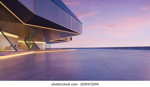 Horizontaler Blick auf leere Zementböden mit Stahl und Glas modernen Gebäudefassade.  Frühmorgens Szene. Fotorealistische 3D-Darstellung.