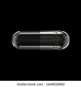 Horizontal View of Empty Transparent Medicine Capsule Pill. Realistic 3D Render Isolated on Black Background Close-Up.
